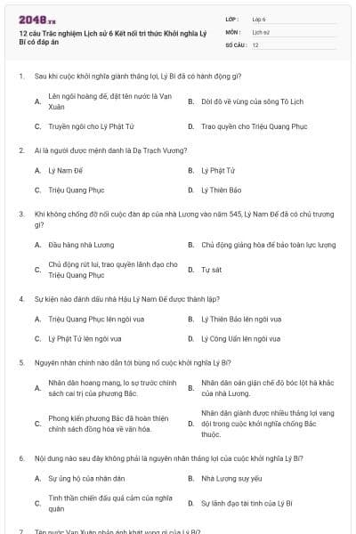 12 câu Trắc nghiệm Lịch sử 6 Kết nối tri thức Khởi nghĩa Lý Bí có đáp án