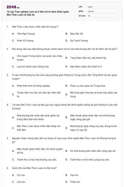 10 câu Trắc nghiệm Lịch sử 6 Kết nối tri thức Khởi nghĩa Mai Thúc Loan có đáp án
