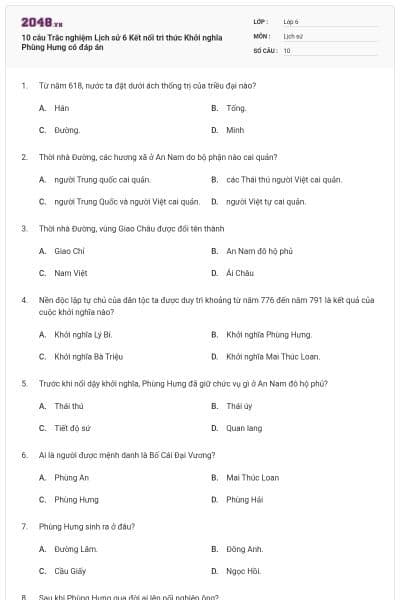 10 câu Trắc nghiệm Lịch sử 6 Kết nối tri thức Khởi nghĩa Phùng Hưng có đáp án