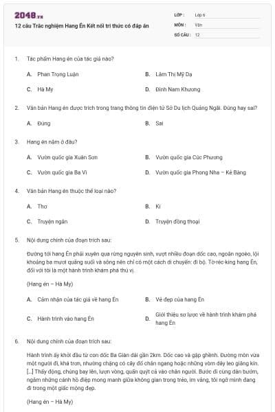 12 câu Trắc nghiệm Hang Én Kết nối tri thức có đáp án