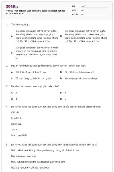 10 câu Trắc nghiệm Viết bài văn tả cảnh sinh hoạt Kết nối tri thức có đáp án