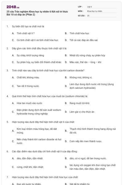 25 câu Trắc nghiệm Khoa học tự nhiên 6 Kết nối tri thức Bài 10 có đáp án (Phần 2)