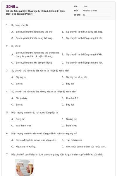 30 câu Trắc nghiệm Khoa học tự nhiên 6 Kết nối tri thức Bài 10 có đáp án (Phần 4)