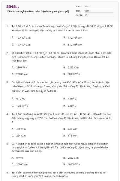 100 câu trắc nghiệm Điện tích - Điện trường nâng cao (p3)