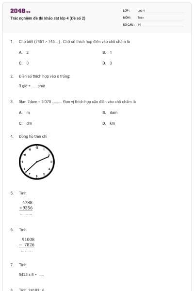 Trắc nghiệm đề thi khảo sát lớp 4 (Đề số 2)