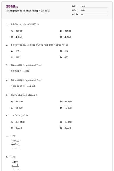 Trắc nghiệm đề thi khảo sát lớp 4 (Đề số 3)