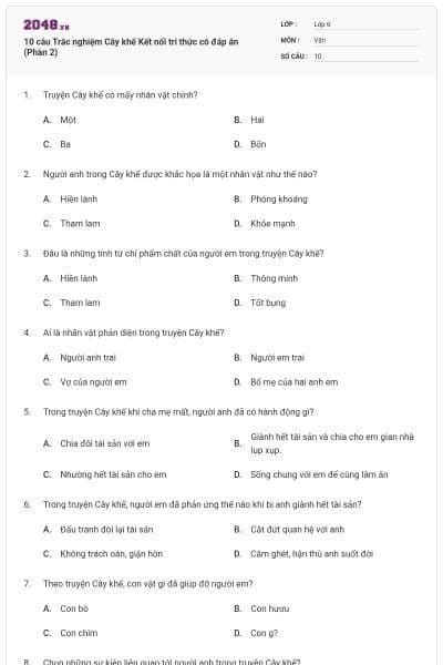 10 câu Trắc nghiệm Cây khế Kết nối tri thức có đáp án (Phần 2)