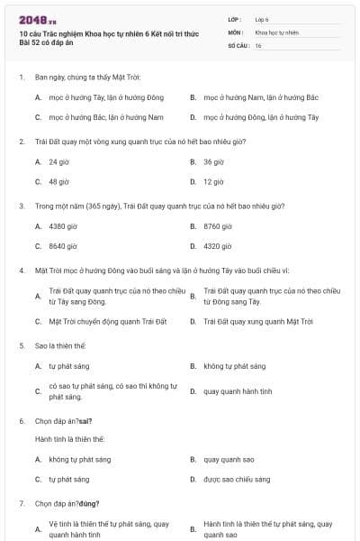 10 câu Trắc nghiệm Khoa học tự nhiên 6 Kết nối tri thức Bài 52 có đáp án