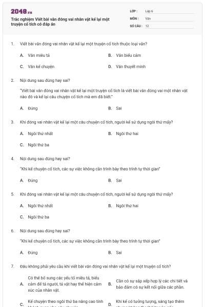 Trắc nghiệm Viết bài văn đóng vai nhân vật kể lại một truyện cổ tích có đáp án