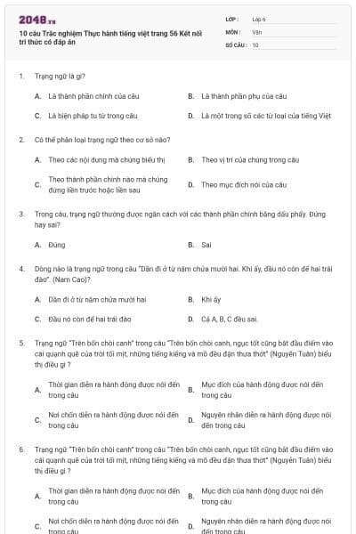 10 câu Trắc nghiệm Thực hành tiếng việt trang 56 Kết nối tri thức có đáp án