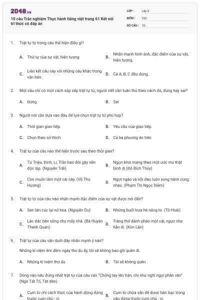 10 câu Trắc nghiệm Thực hành tiếng việt trang 61 Kết nối tri thức có đáp án