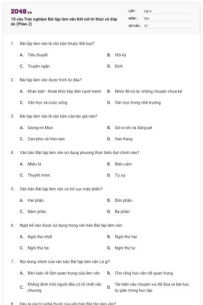 10 câu Trắc nghiệm Bài tập làm văn Kết nối tri thức có đáp án (Phần 2)