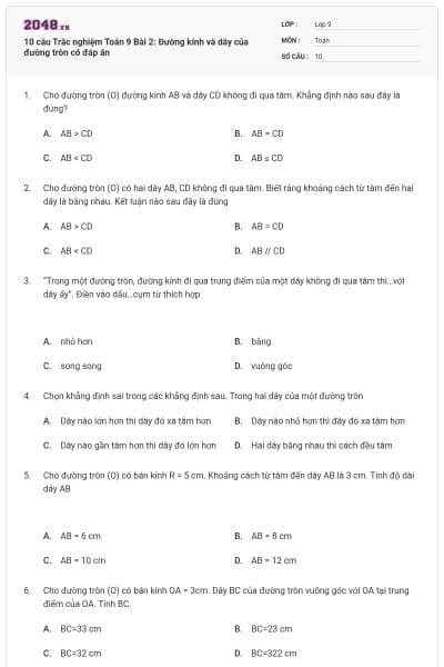 10 câu Trắc nghiệm Toán 9 Bài 2: Đường kính và dây của đường tròn có đáp án