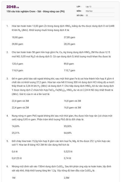 150 câu trắc nghiệm Crom - Sắt - Đồng nâng cao (P6)