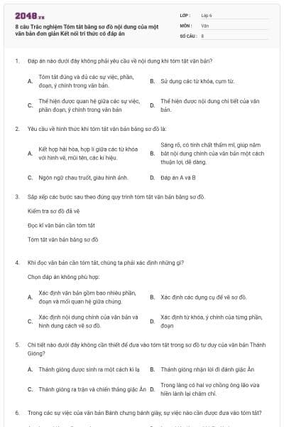 8 câu Trắc nghiệm Tóm tắt bằng sơ đồ nội dung của một văn bản đơn giản Kết nối tri thức có đáp án