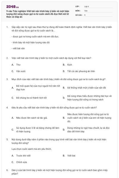 9 câu Trắc nghiệm Viết bài văn trình bày ý kiến về một hiện tượng đời sống được gợi ra từ cuốn sách đã đọc Kết nối tri thức có đáp án