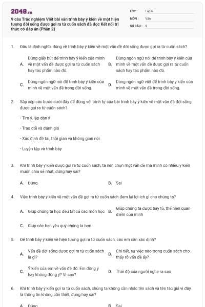 9 câu Trắc nghiệm Viết bài văn trình bày ý kiến về một hiện tượng đời sống được gợi ra từ cuốn sách đã đọc Kết nối tri thức có đáp án (Phần 2)