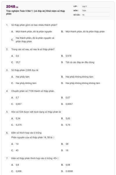 Trắc nghiệm Toán 5 Bài 1: (có đáp án) Khái niệm số thập phân