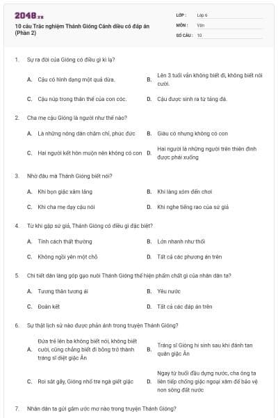 10 câu Trắc nghiệm Thánh Gióng Cánh diều có đáp án (Phần 2)