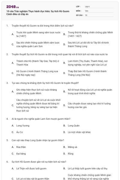 10 câu Trắc nghiệm Thực hành đọc hiểu: Sự tích Hồ Gươm Cánh diều có đáp án