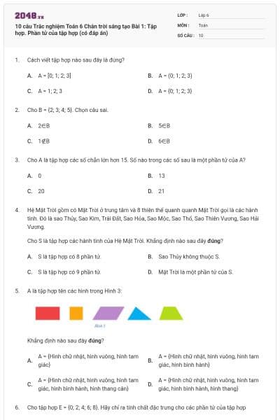10 câu Trắc nghiệm Toán 6 Chân trời sáng tạo Bài 1: Tập hợp. Phần tử của tập hợp (có đáp án)