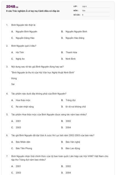 8 câu Trắc nghiệm À ơi tay mẹ Cánh diều có đáp án