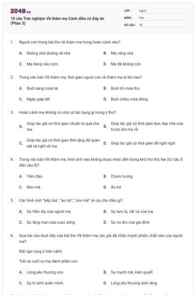 10 câu Trắc nghiệm Về thăm mẹ Cánh diều có đáp án (Phần 3)