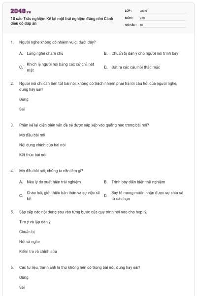 10 câu Trắc nghiệm Kể lại một trải nghiệm đáng nhớ Cánh diều có đáp án