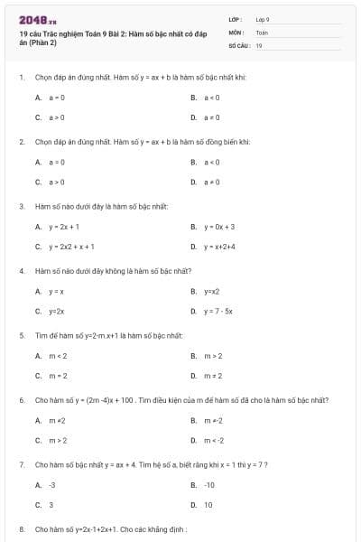 19 câu Trắc nghiệm Toán 9 Bài 2: Hàm số bậc nhất có đáp án (Phần 2)