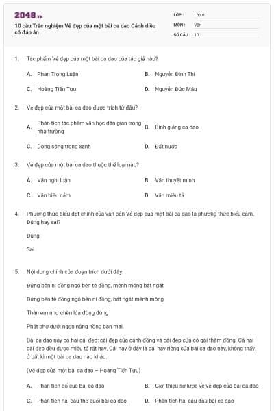 10 câu Trắc nghiệm Vẻ đẹp của một bài ca dao Cánh diều có đáp án