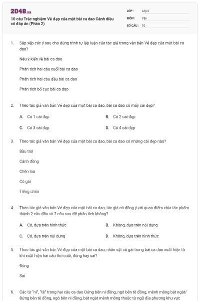 10 câu Trắc nghiệm Vẻ đẹp của một bài ca dao Cánh diều có đáp án (Phần 2)