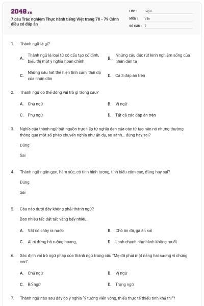 7 câu Trắc nghiệm Thực hành tiếng Việt trang 78 - 79 Cánh diều có đáp án