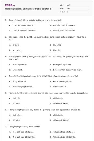 Trắc nghiệm Địa Lí 7 Bài 1: (có đáp án) Dân số (phần 2)