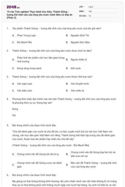 10 câu Trắc nghiệm Thực hành đọc hiểu: Thánh Gióng - tượng đài vĩnh cửu của lòng yêu nước Cánh diều có đáp án (Phần 2)