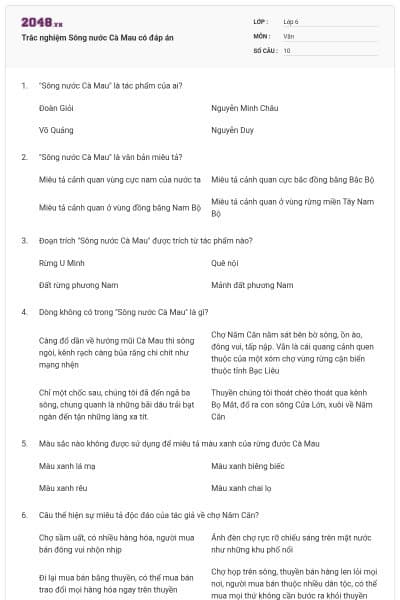 Trắc nghiệm Sông nước Cà Mau có đáp án