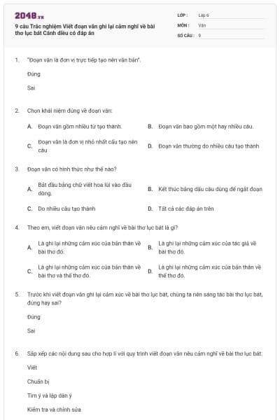 9 câu Trắc nghiệm Viết đoạn văn ghi lại cảm nghĩ về bài thơ lục bát Cánh diều có đáp án