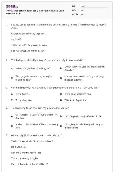 10 câu Trắc nghiệm Trình bày ý kiến về một vấn đề Cánh diều có đáp án
