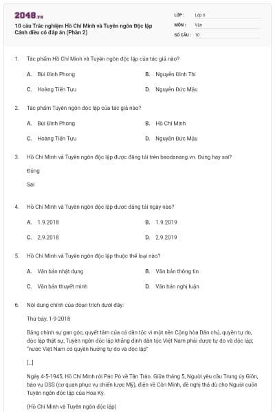 10 câu Trắc nghiệm Hồ Chí Minh và Tuyên ngôn Độc lập Cánh diều có đáp án (Phần 2)