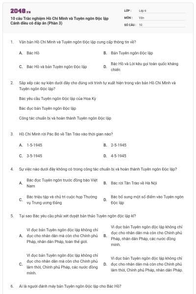 10 câu Trắc nghiệm Hồ Chí Minh và Tuyên ngôn Độc lập Cánh diều có đáp án (Phần 3)
