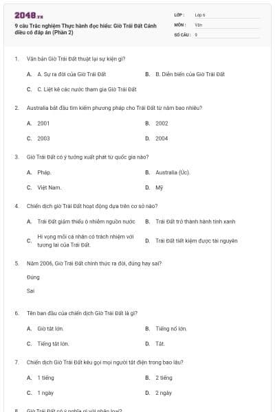 9 câu Trắc nghiệm Thực hành đọc hiểu: Giờ Trái Đất Cánh diều có đáp án (Phần 2)