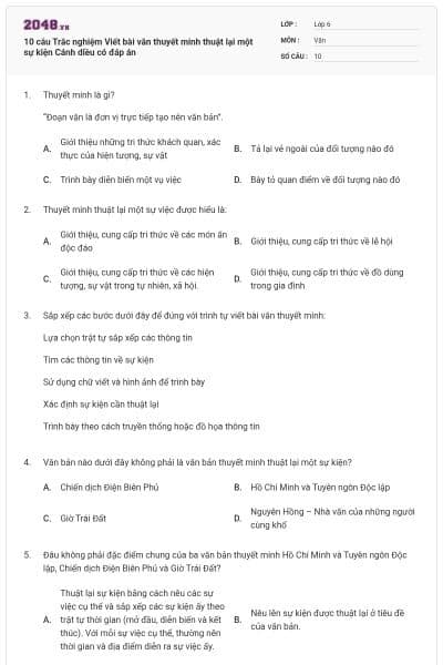 10 câu Trắc nghiệm Viết bài văn thuyết minh thuật lại một sự kiện Cánh diều có đáp án