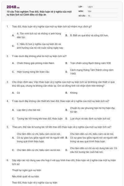 10 câu Trắc nghiệm Trao đổi, thảo luận về ý nghĩa của một sự kiện lịch sử Cánh diều có đáp án
