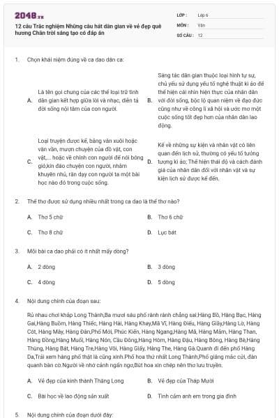 12 câu Trắc nghiệm Những câu hát dân gian về vẻ đẹp quê hương Chân trời sáng tạo có đáp án