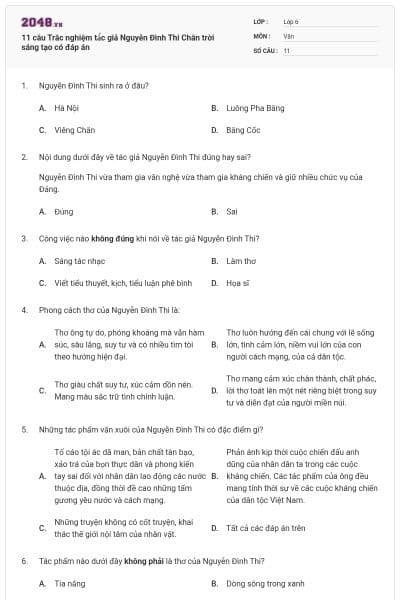 11 câu Trắc nghiệm tá́c giả Nguyễn Đình Thi Chân trời sáng tạo có đáp án