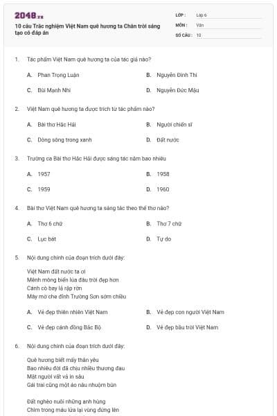 10 câu Trắc nghiệm Việt Nam quê hương ta Chân trời sáng tạo có đáp án