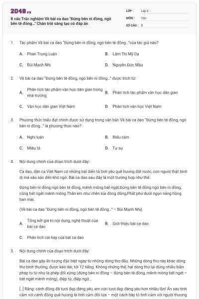 8 câu Trắc nghiệm Về bài ca dao "Đứng bên ni đồng, ngó bên tê đồng…" Chân trời sáng tạo có đáp án