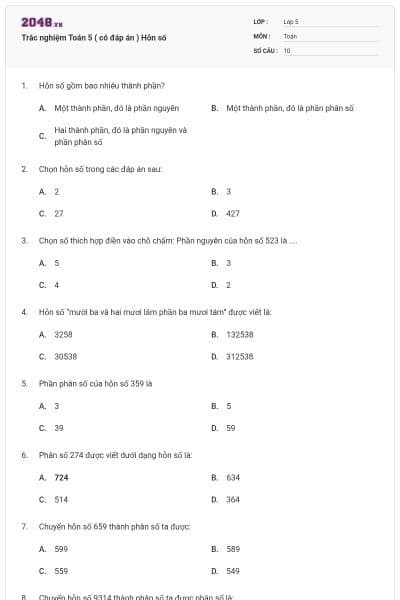 Trắc nghiệm Toán 5 ( có đáp án ) Hỗn số