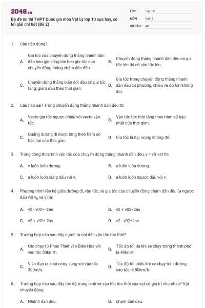 Bộ đề ôn thi THPT Quốc gia môn Vật Lý lớp 10 cực hay, có lời giải chi tiết (Đề 2)