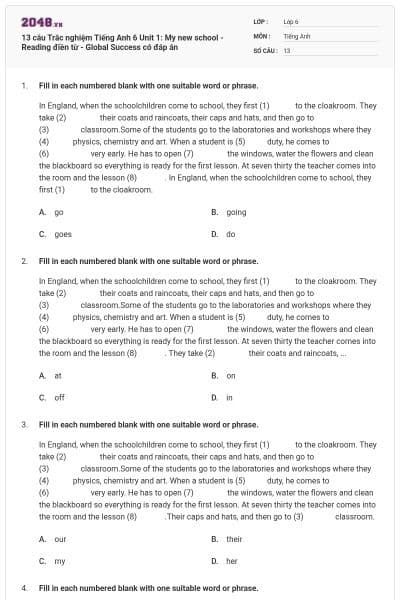 13 câu Trắc nghiệm Tiếng Anh 6 Unit 1: My new school - Reading điền từ - Global Success có đáp án