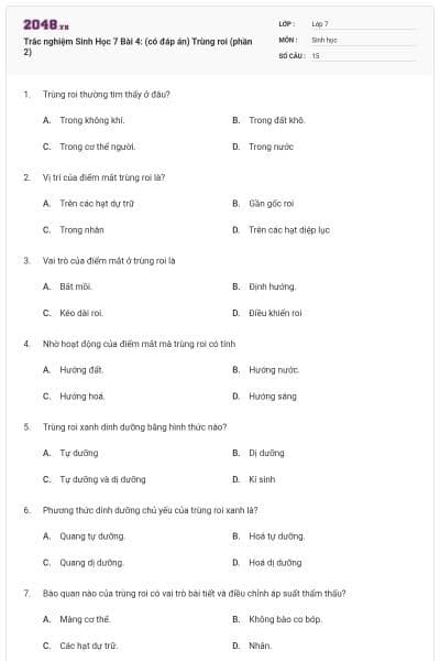 Trắc nghiệm Sinh Học 7 Bài 4: (có đáp án) Trùng roi (phần 2)